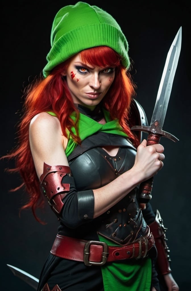 Prompt: Evil red-haired warrior woman with a mischievous smirk. Carmine, red eyes. Fierce combat stance.