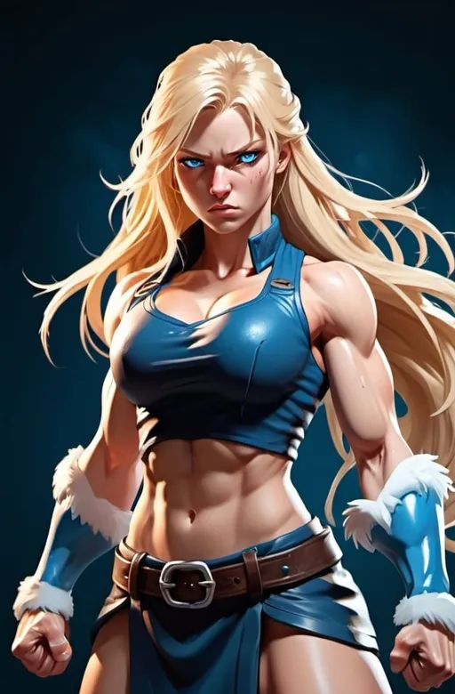 Prompt: Female figure. Greater bicep definition. Sharper, clearer blue eyes. Nosebleed. Long Blonde hair flapping. Frostier, glacier effects. Fierce combat stance. Raging Fists. Icy Knuckles. 