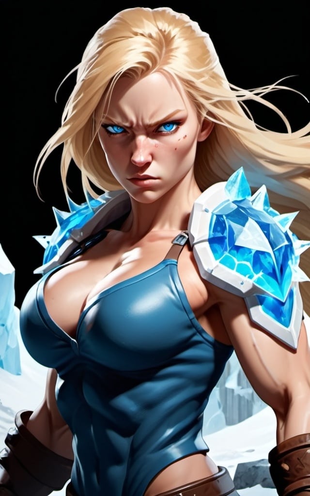 Prompt: Female figure. Greater bicep definition. Sharper, clearer blue eyes. Nosebleed. Long Blonde hair flapping. Frostier, glacier effects. Fierce combat stance. Raging Fists. Icy Knuckles. 