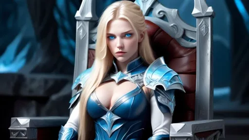 Prompt: Female figure. Greater bicep definition. Sharper, clearer blue eyes. Long Blonde hair flapping. Frostier, glacier effects. Fierce combat stance. She is sitting on a throne, resting her cheek on her hand.