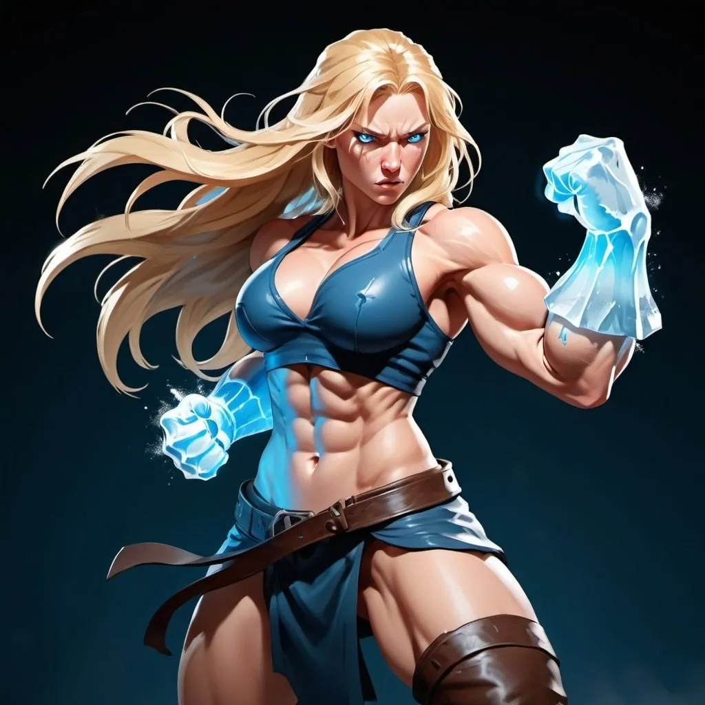 Prompt: Female figure. Greater bicep definition. Sharper, clearer blue eyes. Nosebleed. Long Blonde hair flapping. Frostier, glacier effects. Fierce combat stance. Raging Fists. Icy Knuckles. 