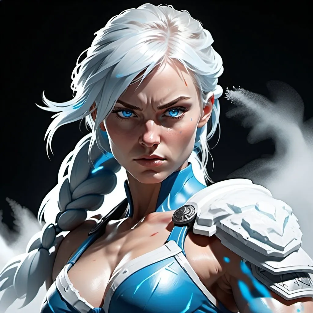 Prompt: Female figure. Greater bicep definition. Sharper, clearer blue eyes.  Frostier, glacier effects. Fierce combat stance. Engulfed by white mist. 