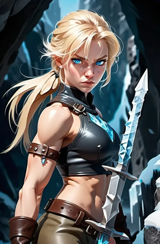 Prompt:  Female figure. Greater bicep definition. Sharper, clearer blue eyes. Blonde hair flapping. Nosebleed. Frostier, glacier effects. Fierce combat stance. Holding ice daggers. 