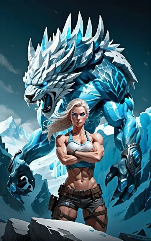 Prompt: Female figure. Greater bicep definition. Sharper, clearer blue eyes.  Frostier, glacier effects. Fierce combat stance. 