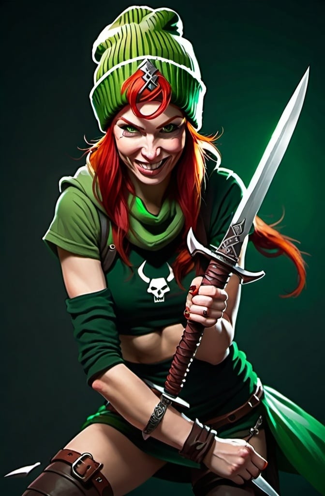 Prompt: Evil red-haired warrior woman, wearing a green beanie and a mischievous smirk. Carries daggers. 