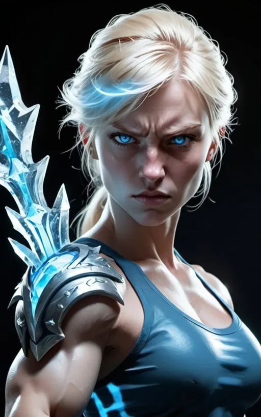 Prompt: Female figure. Greater bicep definition. Sharper, clearer blue eyes. Nosebleed. Long Blonde hair flapping. Frostier, glacier effects. Fierce combat stance. Raging Fists. Icy Knuckles. 