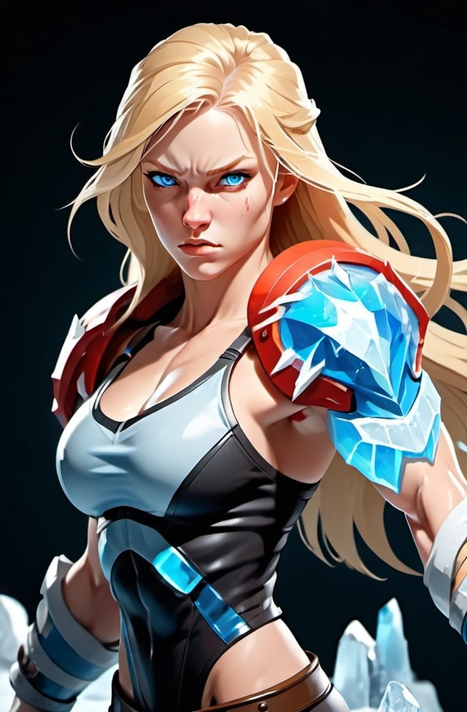 Prompt: Female figure. Greater bicep definition. Sharper, clearer blue eyes. Nosebleed. Long Blonde hair flapping. Frostier, glacier effects. Fierce combat stance. Icy Knuckles.