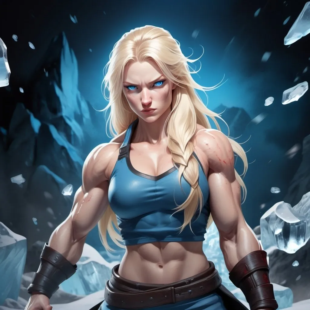 Prompt: Female figure. Greater bicep definition. Sharper, clearer blue eyes. Nosebleed. Long Blonde hair flapping. Frostier, glacier effects. Fierce combat stance. Raging Fists. Icy Knuckles.