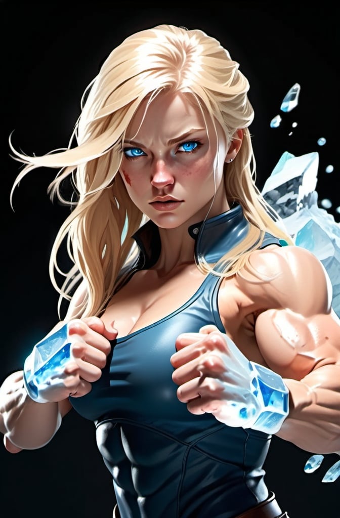 Prompt: Female figure. Greater bicep definition. Sharper, clearer blue eyes. Nosebleed. Long Blonde hair flapping. Frostier, glacier effects. Fierce combat stance. Icy Knuckles. 