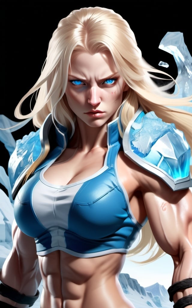 Prompt: Female figure. Greater bicep definition. Sharper, clearer blue eyes. Nosebleed. Long Blonde hair flapping. Frostier, glacier effects. Fierce combat stance. Raging Fists. Icy Knuckles.