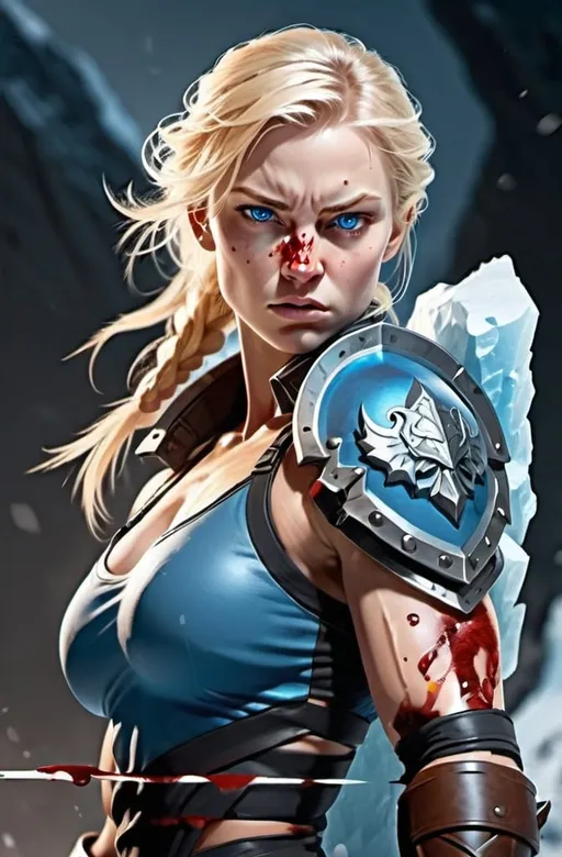 Prompt:  Female figure. Greater bicep definition. Sharper, clearer blue eyes. Blonde hair  flapping. Nose bleed. Frostier, glacier effects. Fierce combat stance. 