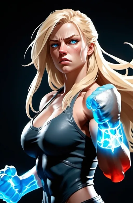 Prompt: Female figure. Greater bicep definition. Sharper, clearer blue eyes. Nosebleed. Long Blonde hair flapping. Frostier, glacier effects. Fierce combat stance. Raging Fists. Icy Knuckles.