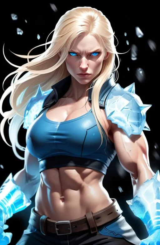 Prompt: Female figure. Greater bicep definition. Sharper, clearer blue eyes. Nosebleed. Long Blonde hair flapping. Frostier, glacier effects. Fierce combat stance. Raging Fists. Icy Knuckles.