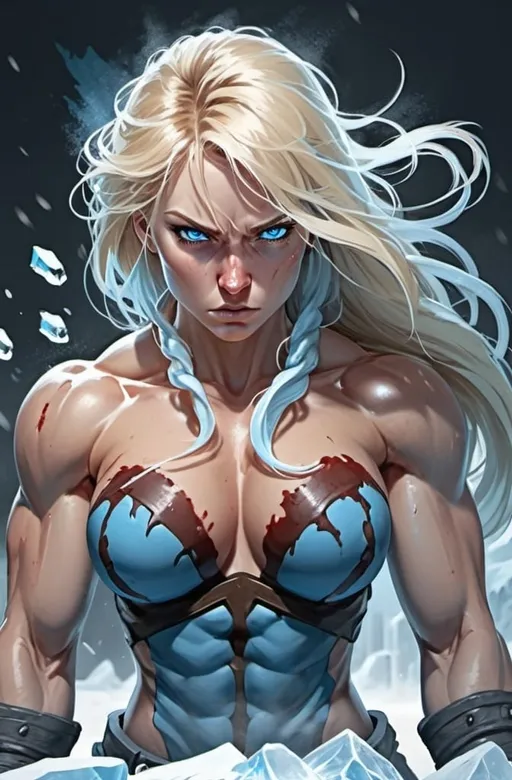 Prompt: Female figure. Greater bicep definition. Sharper, clearer blue eyes. Bleeding. Long Blonde hair flapping. Frostier, glacier effects. Fierce combat stance. Raging Fists. Icy Knuckles. 