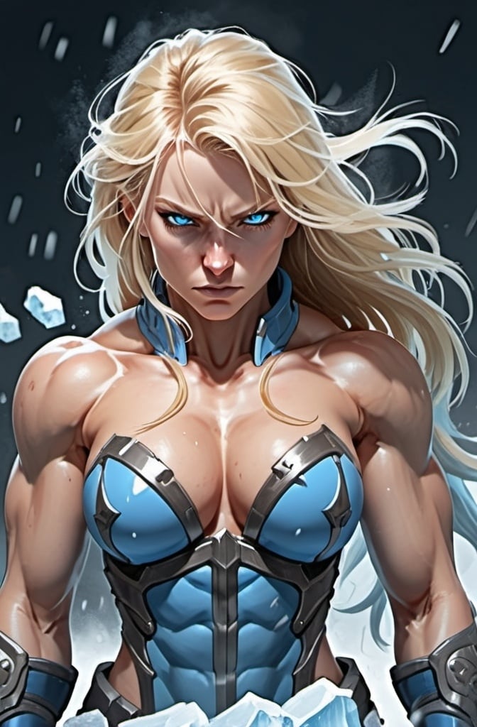 Prompt: Female figure. Greater bicep definition. Sharper, clearer blue eyes. Nosebleed. Blue armor suit. Long Blonde hair flapping. Frostier, glacier effects. Fierce combat stance. Raging Fists. Icy Knuckles. 