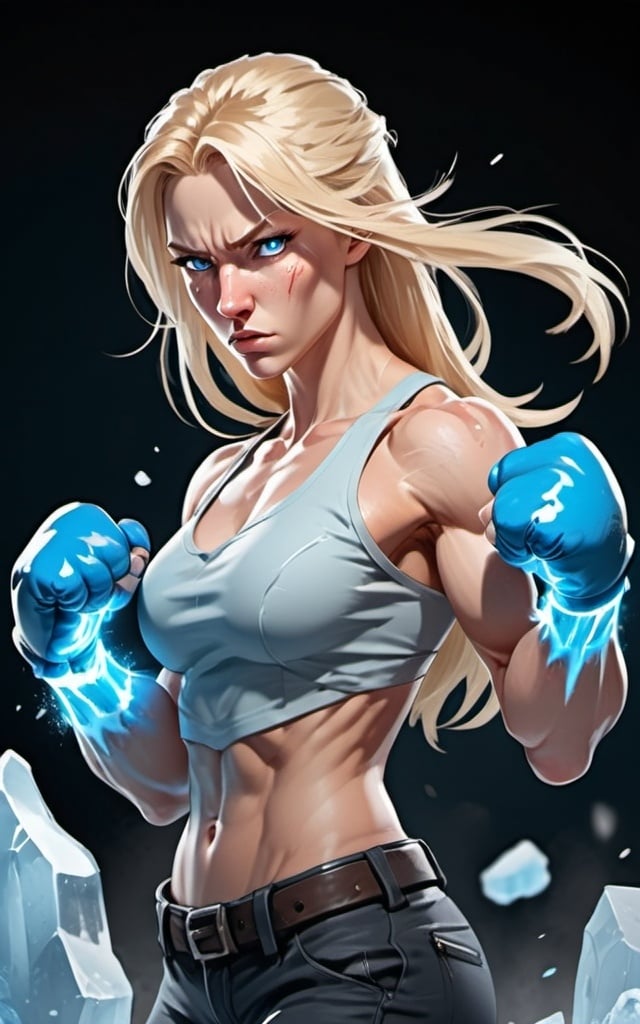 Prompt: Female figure. Greater bicep definition. Sharper, clearer blue eyes. Nosebleed. Long Blonde hair flapping. Frostier, glacier effects. Fierce combat stance. Raging Fists. Icy Knuckles. Wearing Pants. 