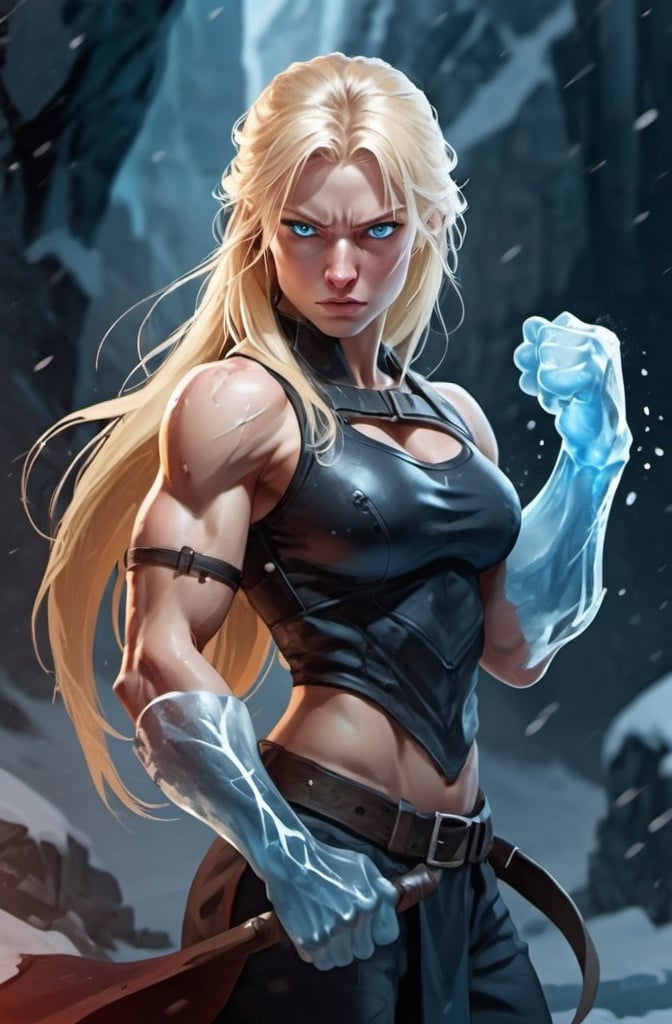 Prompt: Female figure. Greater bicep definition. Sharper, clearer blue eyes. Bleeding. Long Blonde hair flapping. Frostier, glacier effects. Fierce combat stance. Icy Knuckles.