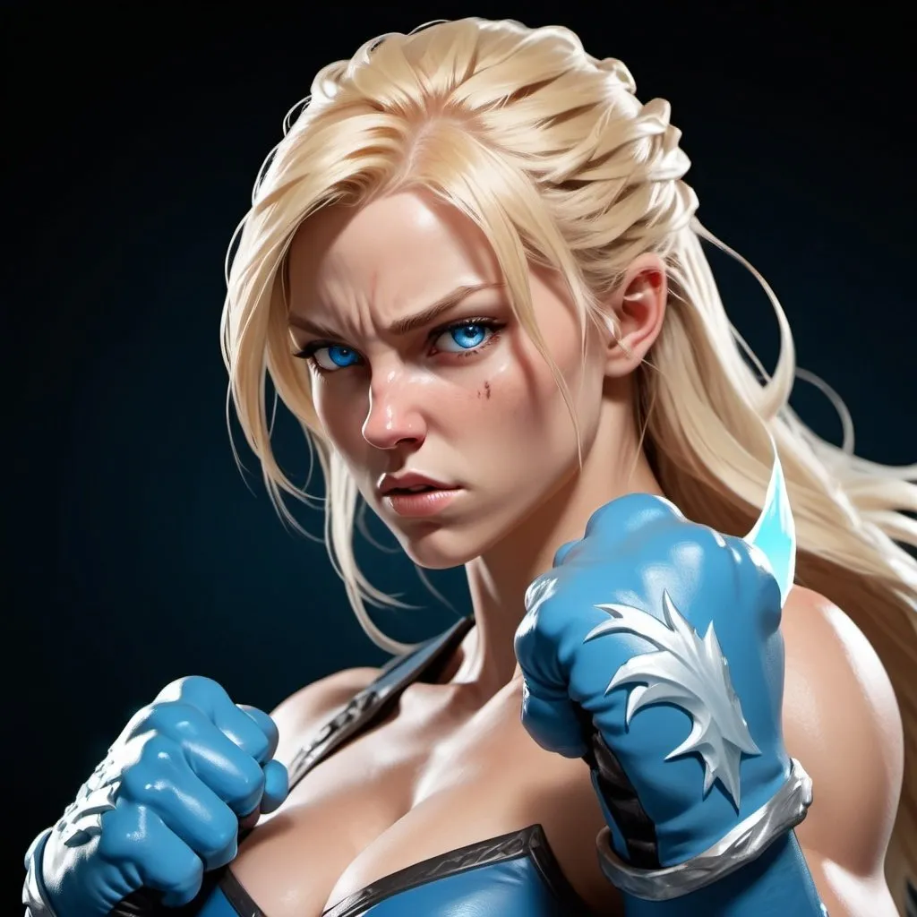 Prompt: Female figure. Greater bicep definition. Sharper, clearer blue eyes. Nosebleed. Long Blonde hair flapping. Frostier, glacier effects. Fierce combat stance. Raging Fists. Icy Knuckles.