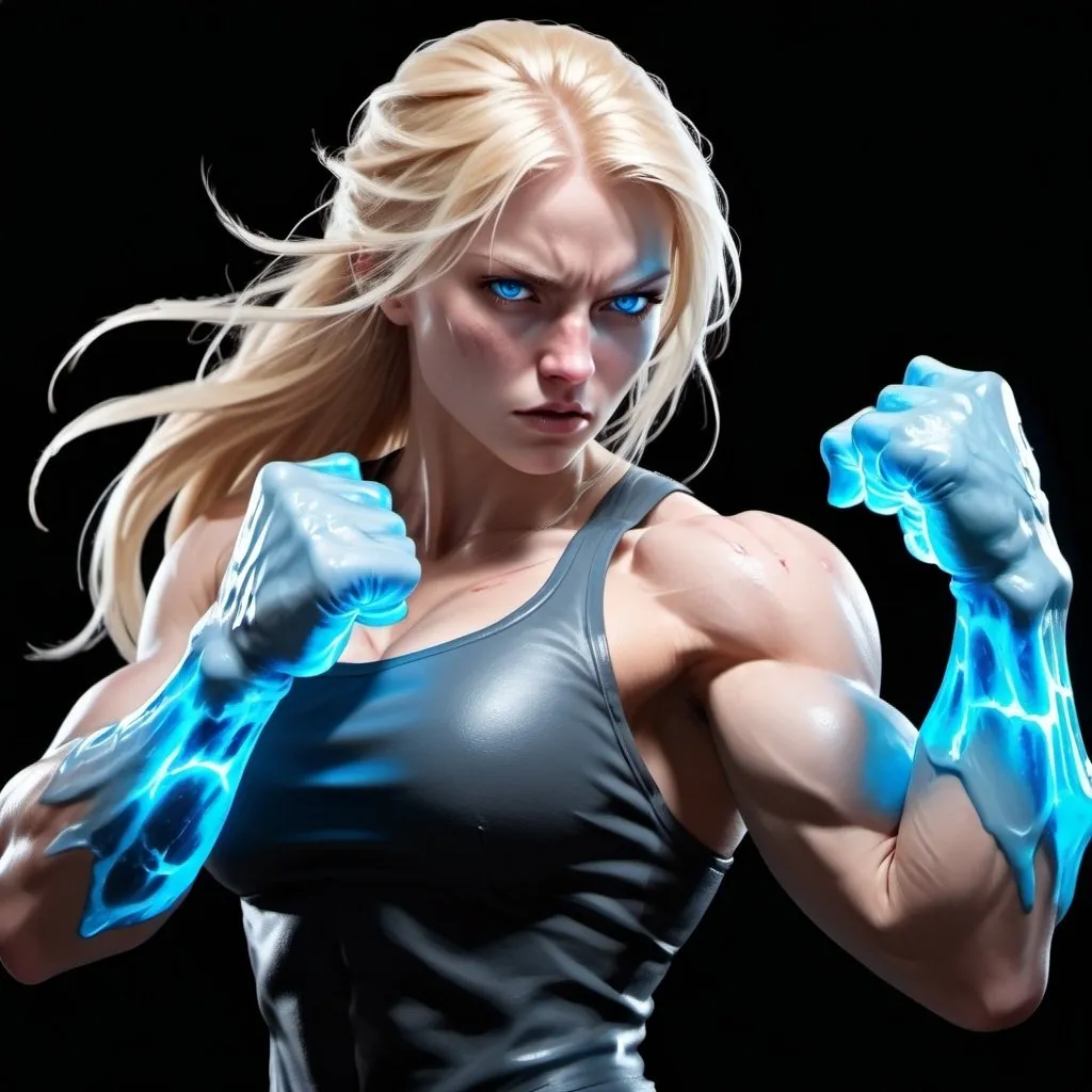 Prompt: Female figure. Greater bicep definition. Sharper, clearer blue eyes. Bleeding. Long Blonde hair flapping. Frostier, glacier effects. Fierce combat stance. Raging Fists. Icy Knuckles.