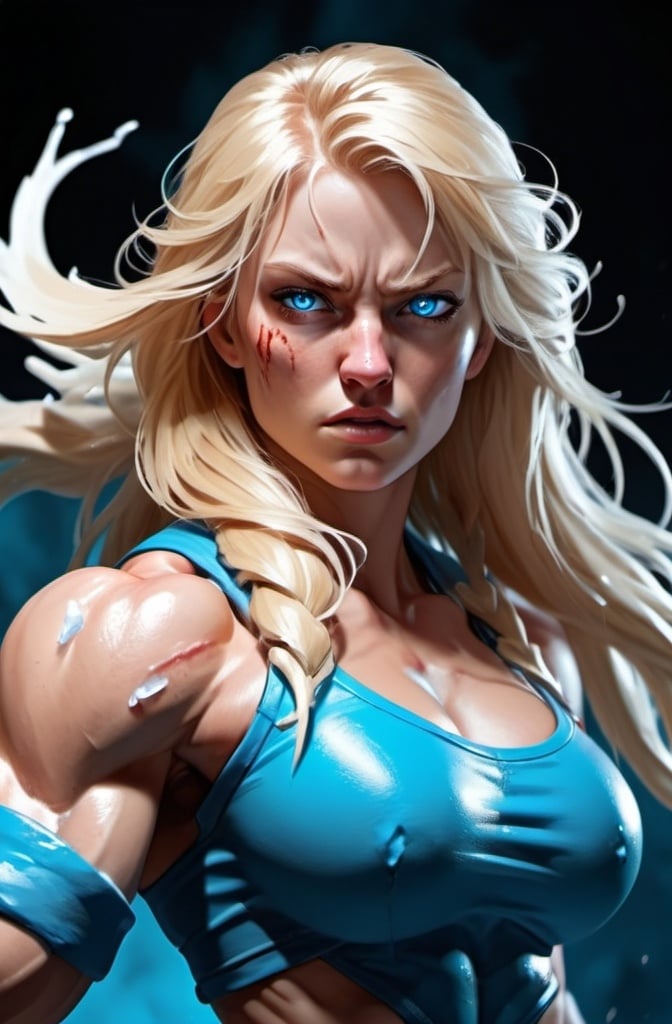 Prompt: Female figure. Greater bicep definition. Sharper, clearer blue eyes. Bleeding. Long Blonde hair flapping. Frostier, glacier effects. Fierce combat stance. Raging Fists. Icy Knuckles.