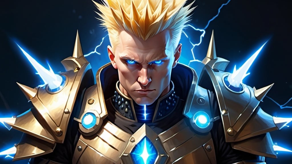 Prompt: Male Figure. Strong. Spikey Blonde hair. Clean shaven. Blue eyes. Emperor. Wearing a spikey Electricity Gauntlet. Lighting background. Leading an Army.  