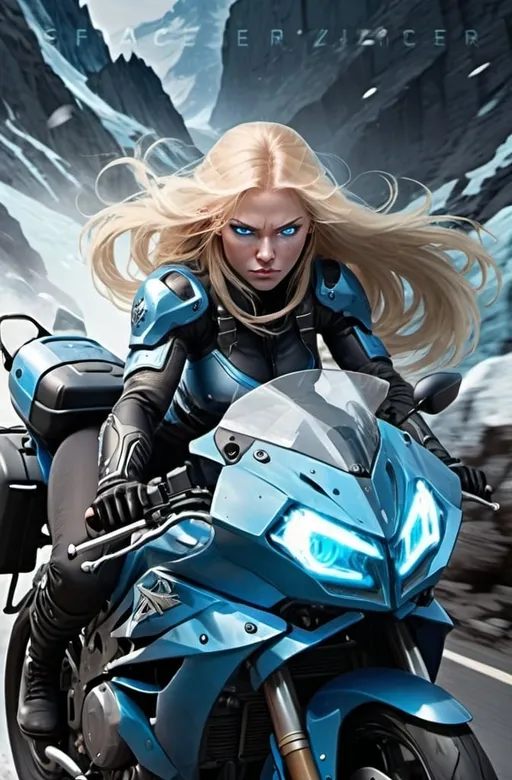 Prompt: Female figure. Greater bicep definition. Sharper, clearer blue eyes. Nosebleed. Long Blonde hair flapping. Frostier, glacier effects. Fierce combat stance. Riding Motorcycle. 