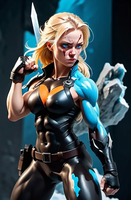 Prompt:  Female figure. Greater bicep definition. Sharper, clearer blue eyes. Blonde hair  flapping. Nose bleed. Frostier, glacier effects. Fierce combat stance. 
