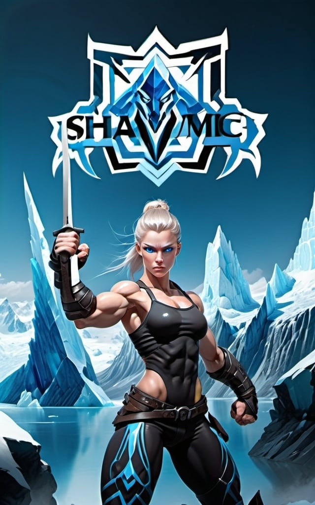 Prompt: Female figure. Greater bicep definition. Sharper, clearer blue eyes.  Frostier, glacier effects. Fierce combat stance. 