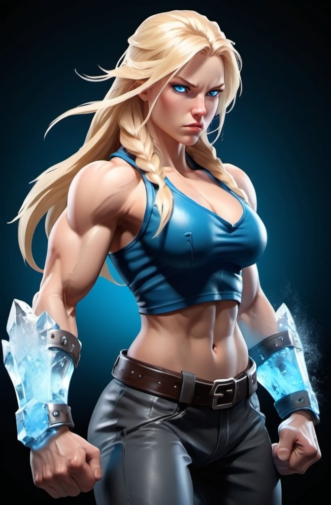 Prompt: Female figure. Greater bicep definition. Sharper, clearer blue eyes. Long Blonde hair flapping. Frostier, glacier effects. Fierce combat stance. Icy Knuckles. Raging Fists.