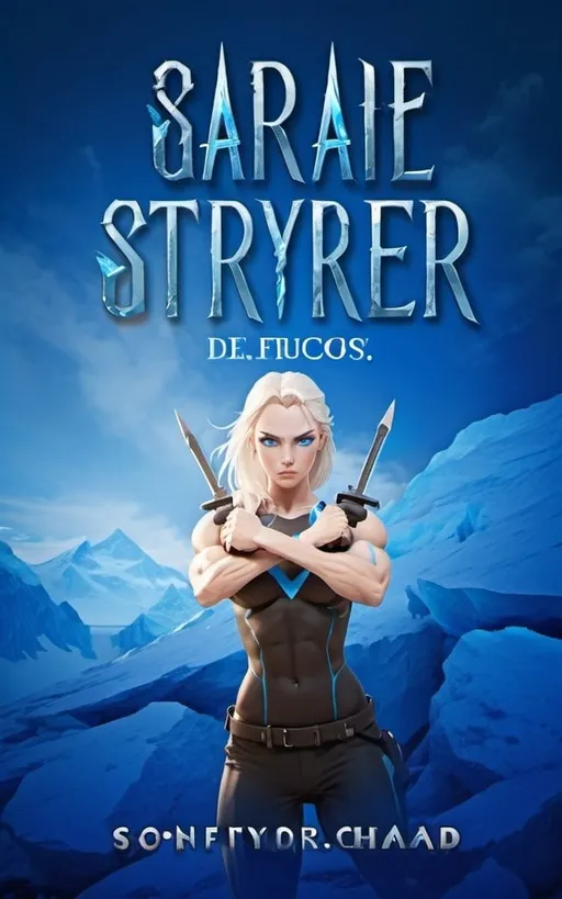 Prompt: Female figure. Greater bicep definition. Sharper, clearer blue eyes.  Frostier, glacier effects. Fierce combat stance. 