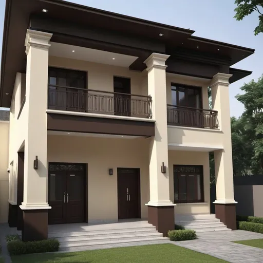 Prompt: Fill cream colour in my whole building exterior and make dark brown colour contrast in the borders of pillars 