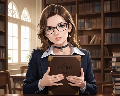 Prompt: a woman with glasses and a choker is posing for a picture in a library with a bookcase, academic art, stanley artgerm lau drawing