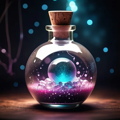 Prompt: (sphere love potion bottle), glass, (corked), translucent, high-quality details, soft reflections, ethereal lighting, whimsical atmosphere, crystal-clear glass texture, round silhouette, minimalist design, muted colours with fairy light sparkles pops of vibrant colour, witch's potionroom  as background, soft shadows, ultra-detailed, creative product concept.