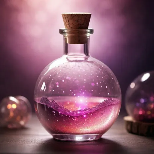 Prompt: (sphere liquid love potion bottle), glass, (corked), translucent, high-quality details, soft reflections, ethereal lighting, whimsical atmosphere, crystal-clear glass texture, round silhouette, minimalist design, muted colours with fairy light sparkles pops of vibrant colour, witch's potionroom  as background, soft shadows, ultra-detailed, creative product concept.