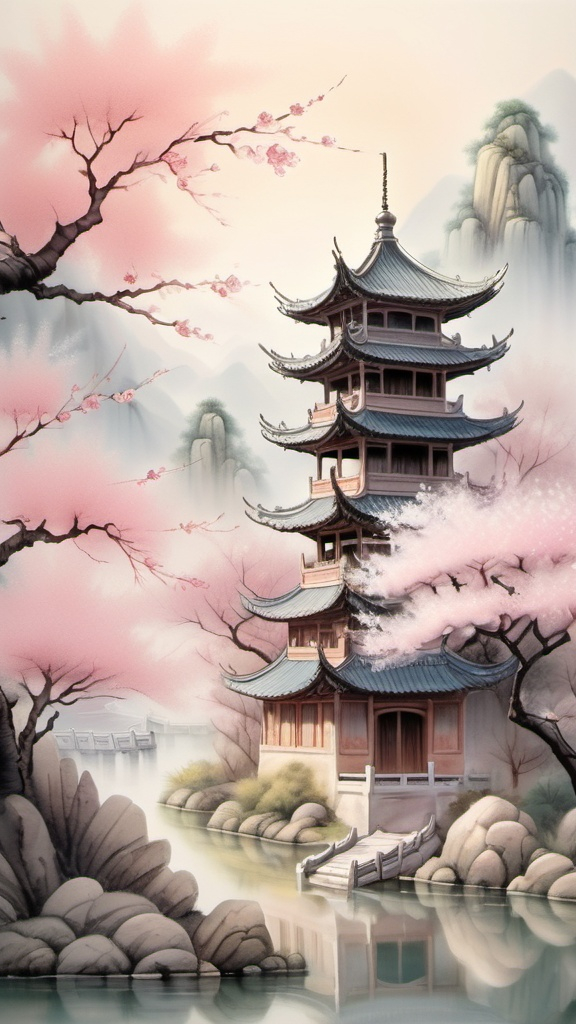 Prompt: Fairy tale little kingdom chinese, traditional brush painting, cherry blossom trees, ancient pagoda, mystical atmosphere, high quality, detailed brushwork, traditional Chinese art style, pastel colors, soft and dreamy lighting