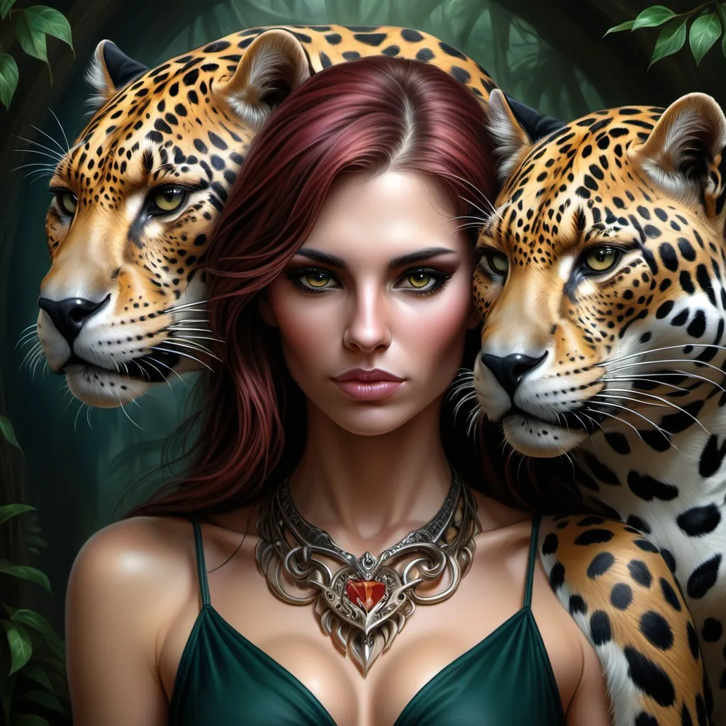 Prompt: a woman with a jaguar's head on her face and a jaguar's head on her chest, Anne Stokes, fantasy art, highly detailed digital art, digital art