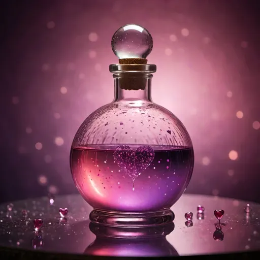 Prompt: (sphere liquid love potion bottle), glass, (corked with a heart stopper), translucent, high-quality details, soft reflections, ethereal lighting, whimsical atmosphere, crystal-clear glass texture, round silhouette, minimalist design, muted colours with fairy light sparkles pops of vibrant colour, witch's potionroom  as background, soft shadows, ultra-detailed, creative product concept.