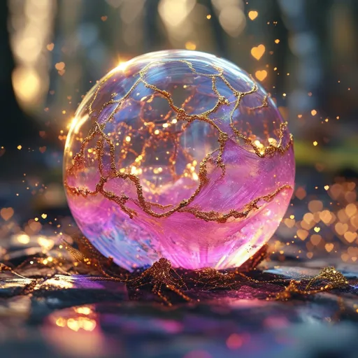 Prompt: Highly detailed gorgeous Glass_sphere with a magical_glowing_pink_liquid inside surrounded_by fairy dust, photorealistic gold and creamfairy filling the sphere, spectrum of Hearts, Love energy, ::Perfect_proportions, a masterpiece, 4k_resolution, fantasy_concept_art, dynamic_lighting, photorealistic, intricately_detailed, Splash screen art, deep_color, volumetric lighting,stunning, mythical fairy, energy,  molecular, textures, iridescent and luminescent, breathtaking beauty, pure perfection, divine presence, unforgettable, impressive, breathtaking beauty, Volumetric light, auras, rays, vivid golden of colors reflects