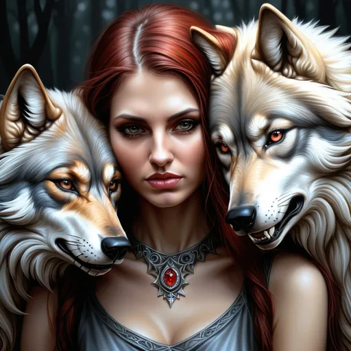 Prompt: a woman with a wolf's head on her face and a wolf's head on her chest, Anne Stokes, fantasy art, highly detailed digital art, digital art