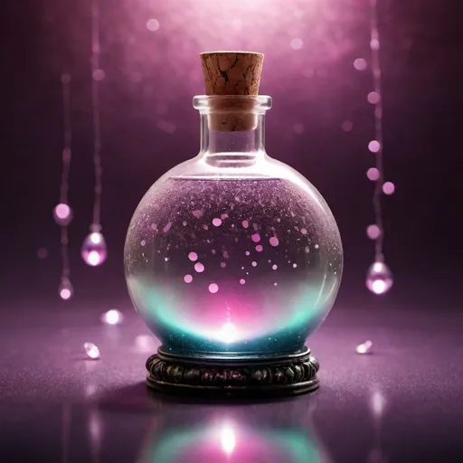 Prompt: (sphere liquid love potion bottle), glass, (corked), translucent, high-quality details, soft reflections, ethereal lighting, whimsical atmosphere, crystal-clear glass texture, round silhouette, minimalist design, muted colours with fairy light sparkles pops of vibrant colour, witch's potionroom  as background, soft shadows, ultra-detailed, creative product concept.