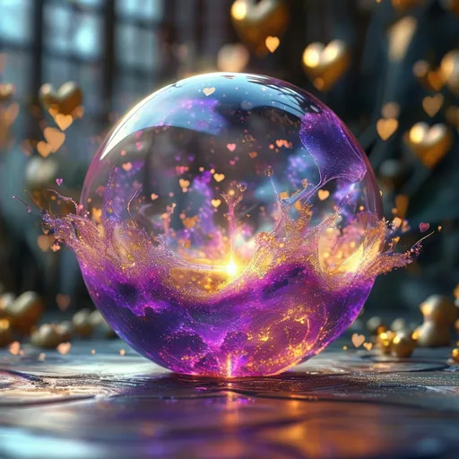 Prompt: Highly detailed gorgeous Glass_sphere with a magical_glowing_purple_liquid inside surrounded_by fairy dust, photorealistic gold and creamfairy filling the sphere, spectrum of Hearts, Love energy, ::Perfect_proportions, a masterpiece, 4k_resolution, fantasy_concept_art, dynamic_lighting, photorealistic, intricately_detailed, Splash screen art, deep_color, volumetric lighting,stunning, mythical fairy, energy,  molecular, textures, iridescent and luminescent, breathtaking beauty, pure perfection, divine presence, unforgettable, impressive, breathtaking beauty, Volumetric light, auras, rays, vivid golden of colors reflects