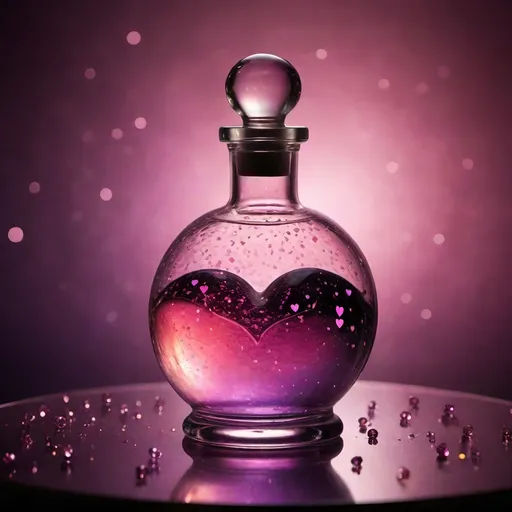 Prompt: (sphere liquid love potion bottle), glass, (with a heart stopper), translucent, high-quality details, soft reflections, ethereal lighting, whimsical atmosphere, crystal-clear glass texture, round silhouette, minimalist design, muted colours with fairy light sparkles pops of vibrant colour, witch's potionroom  as background, soft shadows, ultra-detailed, creative product concept.