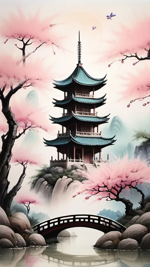 Prompt: Fairy tale little kingdom chinese, traditional brush painting, cherry blossom trees, ancient pagoda, mystical atmosphere, high quality, detailed brushwork, traditional Chinese art style, pastel colors, soft and dreamy lighting