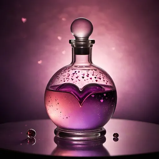 Prompt: (sphere liquid love potion bottle), glass, (with a glass heart stopper), translucent, high-quality details, soft reflections, ethereal lighting, whimsical atmosphere, crystal-clear glass texture, round silhouette, minimalist design, muted colours with fairy light sparkles pops of vibrant colour, witch's potionroom  as background, soft shadows, ultra-detailed, creative product concept.