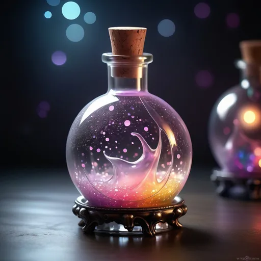 Prompt: (sphere liquid love potion bottle), glass, (corked), translucent, high-quality details, soft reflections, ethereal lighting, whimsical atmosphere, crystal-clear glass texture, round silhouette, minimalist design, muted colours with fairy light sparkles pops of vibrant colour, witch's potionroom  as background, soft shadows, ultra-detailed, creative product concept.