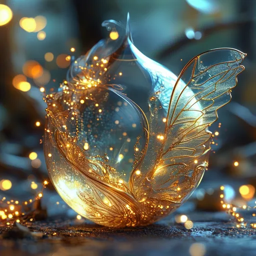 Prompt: Highly detailed gorgeous Glass_pear with a magical_glowing inside surrounded_by fairy dust, photorealistic gold and creamfairy filling the sphere, bokeh background, Love energy, ::Perfect_proportions, a masterpiece, 4k_resolution, fantasy_concept_art, dynamic_lighting, photorealistic, intricately_detailed, Splash screen art, deep_color, volumetric lighting,stunning, mythical fairy, energy,  molecular, textures, iridescent and luminescent, breathtaking beauty, pure perfection, divine presence, unforgettable, impressive, breathtaking beauty, Volumetric light, auras, rays, vivid golden of colors reflects