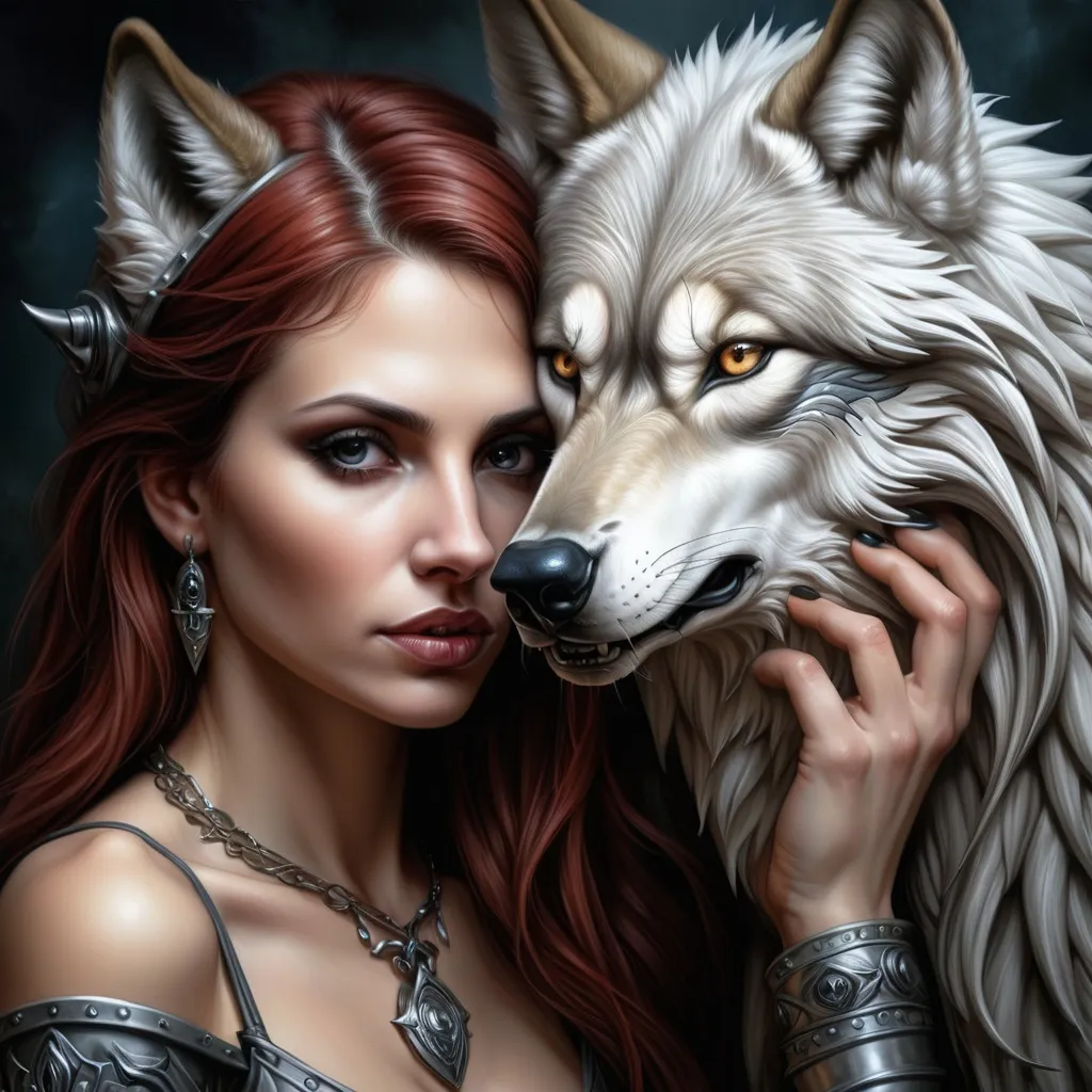 Prompt: a woman with a wolf's head on her face and a wolf's head on her chest, Anne Stokes, fantasy art, highly detailed digital art, digital art