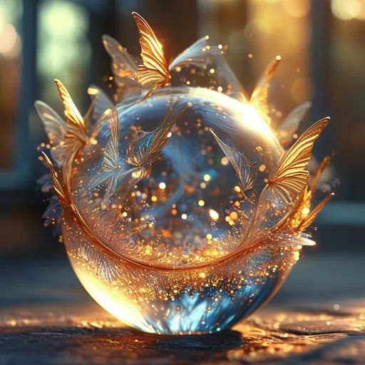 Prompt: Highly detailed gorgeous Glass_pear with a magical_glowing inside surrounded_by fairy dust, photorealistic gold and creamfairy filling the sphere, bokeh background, Love energy, ::Perfect_proportions, a masterpiece, 4k_resolution, fantasy_concept_art, dynamic_lighting, photorealistic, intricately_detailed, Splash screen art, deep_color, volumetric lighting,stunning, mythical fairy, energy,  molecular, textures, iridescent and luminescent, breathtaking beauty, pure perfection, divine presence, unforgettable, impressive, breathtaking beauty, Volumetric light, auras, rays, vivid golden of colors reflects