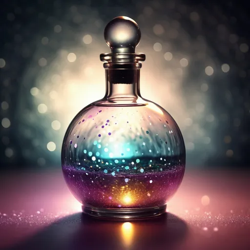 Prompt: (sphere liquid love potion bottle), glass, (corked), translucent, high-quality details, soft reflections, ethereal lighting, whimsical atmosphere, crystal-clear glass texture, round silhouette, minimalist design, muted colours with fairy light sparkles pops of vibrant colour, witch's potionroom  as background, soft shadows, ultra-detailed, creative product concept.