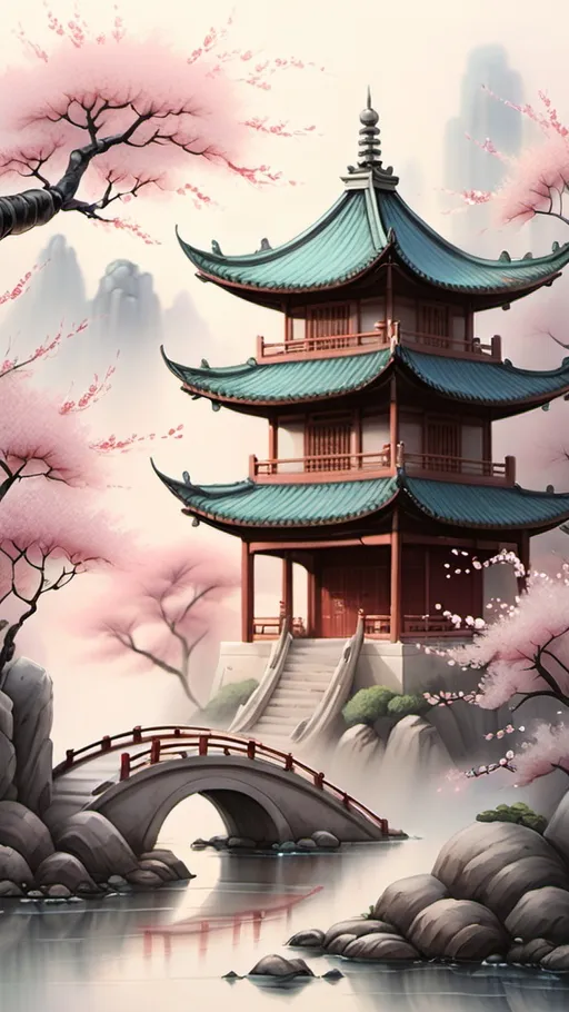 Prompt: Fairy tale little kingdom chinese, traditional brush painting, cherry blossom trees, ancient pagoda, mystical atmosphere, high quality, detailed brushwork, traditional Chinese art style, pastel colors, soft and dreamy lighting